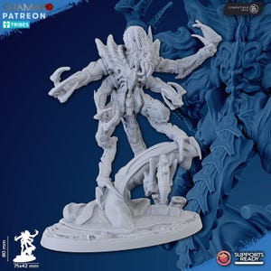 May include: A white, detailed miniature figure of a creature with multiple arms and a complex, textured body. The figure is posed on a circular base, with dimensions of 75x42 mm and a height of 80 mm. The figure is labeled as "Supports Ready."