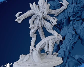 May include: A white, detailed miniature figure of a creature with multiple arms and a complex, textured body. The figure is posed on a circular base, with dimensions of 75x42 mm and a height of 80 mm. The figure is labeled as "Supports Ready."