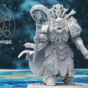 May include: A detailed, gray miniature figure of a warrior in ornate armor, holding a staff. The figure has a beard and is adorned with animal skulls. The Atlan Forge logo is in the upper left corner.