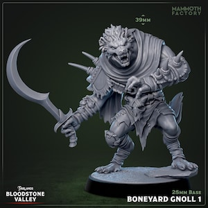 May include: A gray, detailed miniature figure of a Gnoll from the Boneyard series, holding a curved blade. The figure has a wolf-like face, tattered clothing, and is posed on a 25mm base. The figure is 39mm tall.