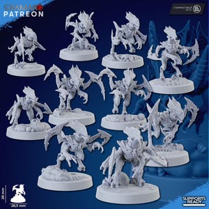 May include: A collection of gray miniature alien figures with detailed armor and claw-like appendages. Each figure is mounted on a round base, with some featuring textured terrain. The image includes the text "CHAMAKO PATREON" and "SUPPORTS READY".