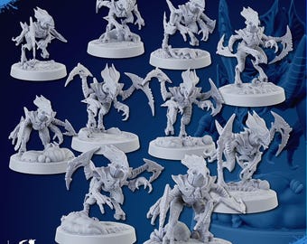 May include: A collection of gray miniature alien figures with detailed armor and claw-like appendages. Each figure is mounted on a round base, with some bases featuring textured terrain. The image includes the text "CHAMAKO PATREON" and "SUPPORTS READY".