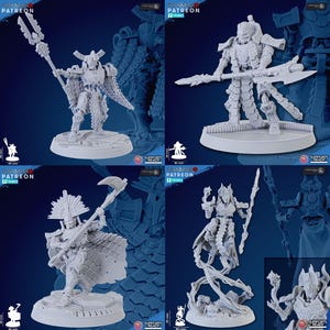 May include: Four detailed, gray miniature figurines of robotic warriors. Each figure is posed on a circular base and holds a weapon, such as a spear, axe, or staff. The miniatures are likely for tabletop gaming or collecting.