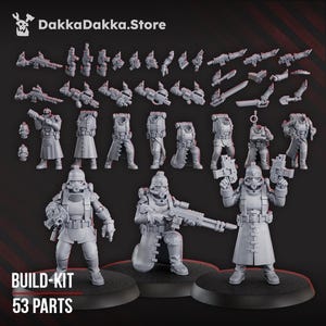 May include: A collection of 53-part build-kit miniatures, including soldiers, weapons, and accessories. The figures are in a neutral gray color, with detailed armor and helmets. The text "BUILD-KIT 53 PARTS" is displayed at the bottom.