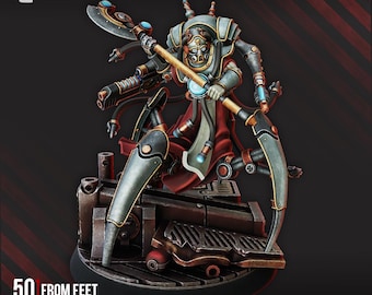 May include: A detailed miniature figure of a robotic warrior with multiple arms and weapons. The figure is painted in metallic gray, red, and blue, and stands on a detailed base. The text "50 MM FROM FEET TO EYES" is visible. The DakkaDakka.Store logo is in the top left corner.
