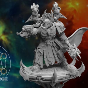 May include: A detailed gray figurine of a warrior in ornate armor, holding a weapon and standing on a platform. The figure has a cape and is set against a colorful, space-themed background. The text "ATLAN FORGE" is visible.