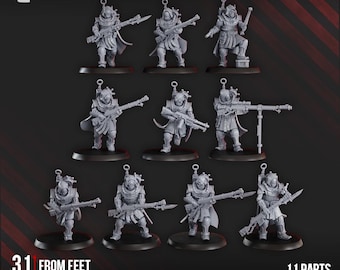 May include: A collection of ten gray miniature figurines, each depicting a futuristic warrior with various weapons. The figurines are mounted on black bases. The text "31 mm from feet to eyes" and "11 parts 10 models" is visible.