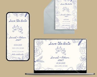 May include: Wedding stationery set featuring a 'Save the Date' design. The design includes a pair of doves, floral outlines, and the text 'Save the Date', along with event details. The set includes a card, envelope, phone screen, and laptop screen.