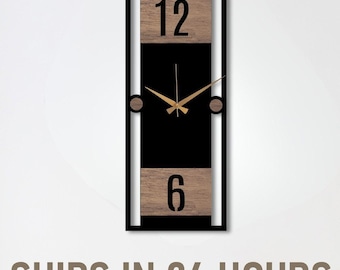 Modern Large Wooden Wall Clock, Wood Home Wall Decor, Wooden Clock Gift, Metal Wood Clock, Farmhouse Clock, Geometric Silent Wall Clock