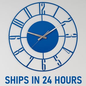 Blue Metal Roman Numeral Wall Clock for Modern Home Decor, Silent Large Round Open Face Clock, Blue Wall Decor, Minimalist Wall Clock Gift