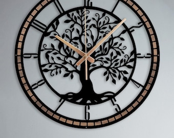 Tree Of Life Wall Clock With Wooden Frame, Metal and Wooden Tree Clock, Wood Clock Gift, Large Black Tree of Life Clock, Nature Symbol Clock