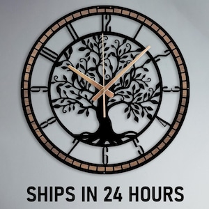 Tree Of Life Wall Clock With Wooden Frame, Metal and Wooden Tree Clock, Wood Clock Gift, Large Black Tree of Life Clock, Nature Symbol Clock