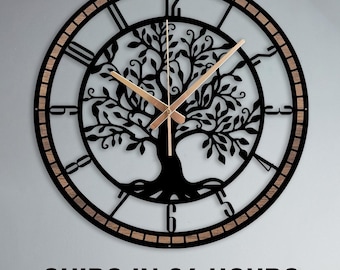 Horloge murale arbre de vie avec cadre en bois, horloge arbre en métal et bois, cadeau horloge en bois, grande horloge arbre de vie noire, horloge symbole de la nature