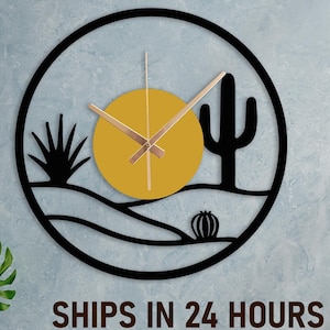 Modern Desert Landscape Metal Wall Clock, Desert and Sun Clock, Cactus Wall Clock, Southwest Home Decor Gift, Minimalist Home Wall Clock