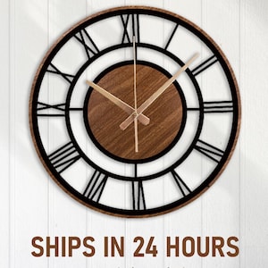 Mid-Century Modern Metall und Holz Wanduhr, römische Ziffern Holzuhr, Geschenk aus Holz zu Hause, Metall Wanduhr mit Holz-Thema, Mid-Century Geschenk