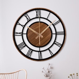 Mid-Century Modern Metal and Wooden Wall Clock, Roman Numerals Wood Clock, Wooden Home Gift, Wood Themed Metal Wall Clock, Mid-Century Gift