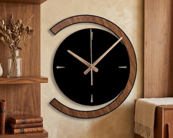 Metal And Wooden Moon Wall Clock, Modern Wall Clock, Moon Wall Decor, Unique Silent Clock Gift, Large Wall Clocks, Modern Clock Gift
