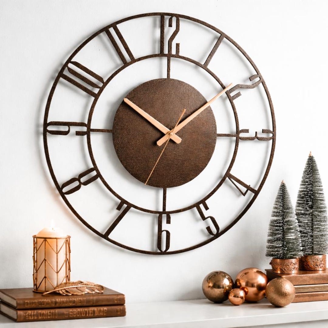 Hammered Bronze Metal Wall Clock, Modern Industrial Large Clock, Unique ...