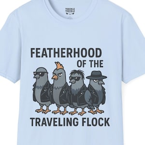 FEATHERHOOD Of The TRAVELING FLOCK T Shirt - Funny Pigeon and Unisex Travel T-Shirt - Bird Lover Gift - Quirky Animal Graphic Tee - Bird