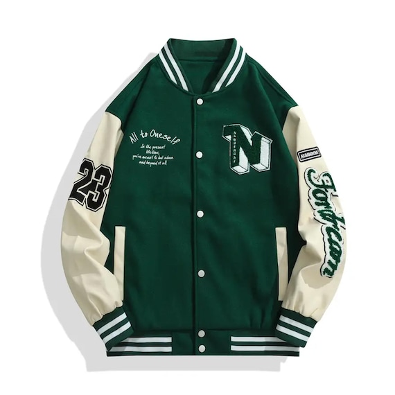 Men's Green Varsity Letterman Jacket With Embroidered Patches