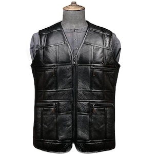 Men’s Black Multi-Pocket Genuine Leather Vest with Zipper Closure and Warm Inner Lining