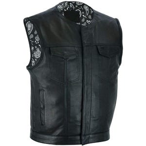 Men&#39;s Black Leather Biker Vest with  Bandana Style Lining – Reversible Style