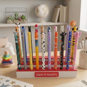 Può includere: Una collezione di penne colorate con decorazioni a tema animale, esposte in un organizer rosso e bianco. Le penne hanno vari disegni e l'organizer riporta la scritta "LEGAMI DE MAXENCE".