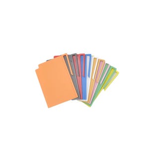 May include: A collection of colorful file folders fanned out against a white background. The folders are in various colors, including orange, gray, red, blue, white, yellow, green, and pink. Each folder has a tab at the top.