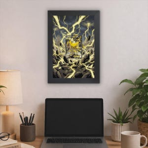 May include: A black framed wall art print featuring a central Pikachu V trading card surrounded by a dynamic illustration of yellow lightning bolts striking dark grey rocky terrain, creating a high-contrast electrical storm effect.