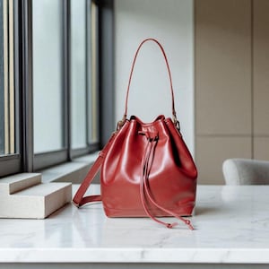 Burgundy Soft Leather Bucket Bag – Drawstring Everyday Handbag with Pockets, Perfect Christmas Gift