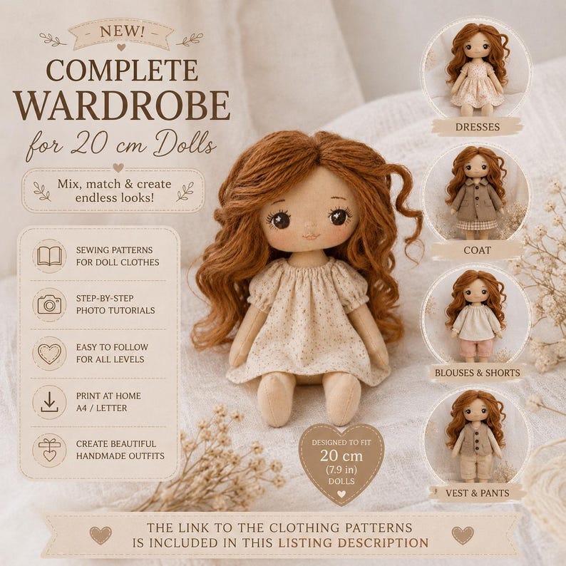 May include: A fabric doll with long wavy brown hair wearing a cream-colored dress with small speckles. The image includes text: NEW! COMPLETE WARDROBE for 20 cm Dolls, sewing patterns, photo tutorials, and four circular insets showing doll outfits.