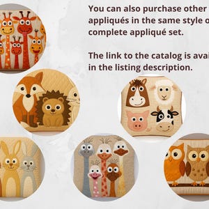 Pu&ograve; includere: Una collezione di applicazioni in tessuto con vari disegni di animali, tra cui giraffe, una volpe, un riccio, animali da fattoria, conigli, struzzi e gufi. Il testo recita: You can also purchase other appliqu&eacute;s in the same style or the complete appliqu&eacute; set. The link to the catalog is available in the listing description.