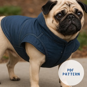 Könnte beinhalten: Ein beigefarbener Mops trägt eine marineblaue Hundejacke mit sichtbaren Nähten. Die Jacke hat eine Kapuze und bedeckt den Rücken und die Brust des Hundes. Ein weißer Kreis mit dem Text "PDF PATTERN" befindet sich in der unteren rechten Ecke.