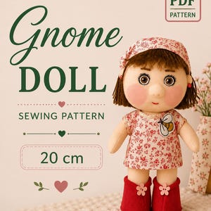 May include: A fabric doll with brown hair, a floral headscarf, and a floral dress featuring a bee patch, wearing red boots with flower accents. The text reads Gnome DOLL SEWING PATTERN 20 cm. A PDF pattern icon is visible in the upper right corner.