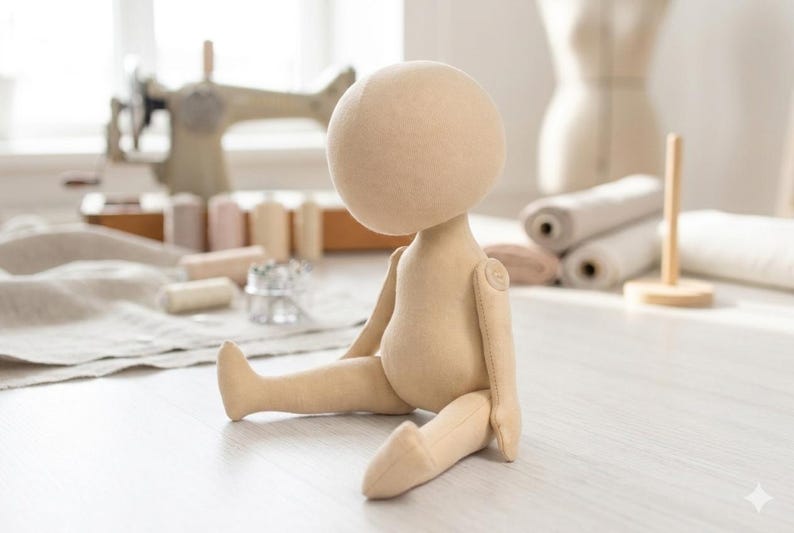 May include: A beige fabric doll with a large round head and a seated posture. The doll features simple stitched seams, a smooth surface, and articulated shoulder joints with visible circular fabric connectors on each side of the upper torso.