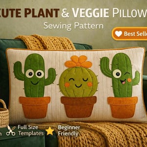 May include: A rectangular sewing pattern for a cushion featuring three green cacti in brown pots with embroidered faces on a cream background. The text reads CUTE PLANT & VEGGIE PILLOWS, Sewing Pattern, Best Seller, PDF Pattern, Full Size Templates, Beginner Friendly.