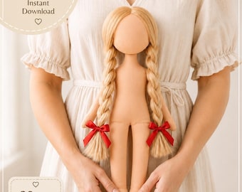 May include: A cloth doll with light skin and long blonde hair styled in two braids, each tied with a small red ribbon. The doll is featured in a PDF pattern for a cloth doll body, measuring 29 cm or 11.4 inches in height, available for instant download.