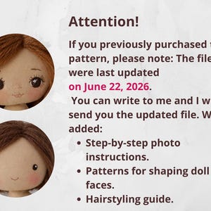 May include: Two circular images of doll faces with yarn hair and embroidered features. Text reads: Attention! If you previously purchased the pattern, please note: The files were last updated on June 22, 2026. You can write to me and I will send you the updated file. What's added: Step-by-step photo instructions. Patterns for shaping doll faces. Hairstyling guide.