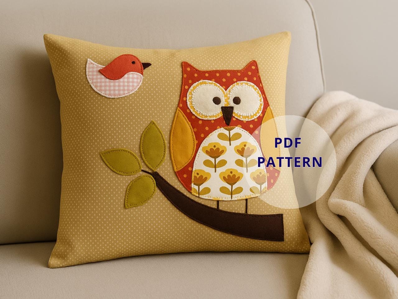 Owl Pillow Applique PDF Pattern – DIY Cushion Tutorial with Step-by-Step Instructions and Colo