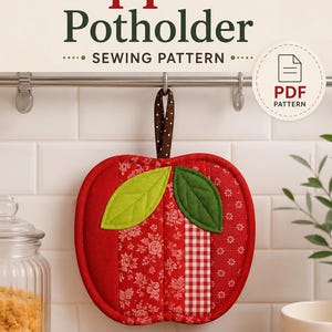 Puede incluir: Un patrón de costura para agarradera con forma de manzana que presenta paneles de tela roja con estampados florales y de cuadros, dos hojas de tela verde y un lazo para colgar marrón con lunares. El texto incluye Apple Potholder SEWING PATTERN, PDF PATTERN, STEP-BY-STEP INSTRUCTIONS, EASY TO SEW QUILTED DESIGN y A4 / LETTER PRINTABLE.