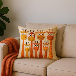 Pu&ograve; includere: Un cuscino quadrato trapuntato con un motivo ripetuto di sette teste di giraffa in stile cartoon con colli lunghi in tonalit&agrave; arancione e giallo. Le giraffe hanno occhi grandi, ossiconi marroni ed espressioni sorridenti su sfondo color crema.