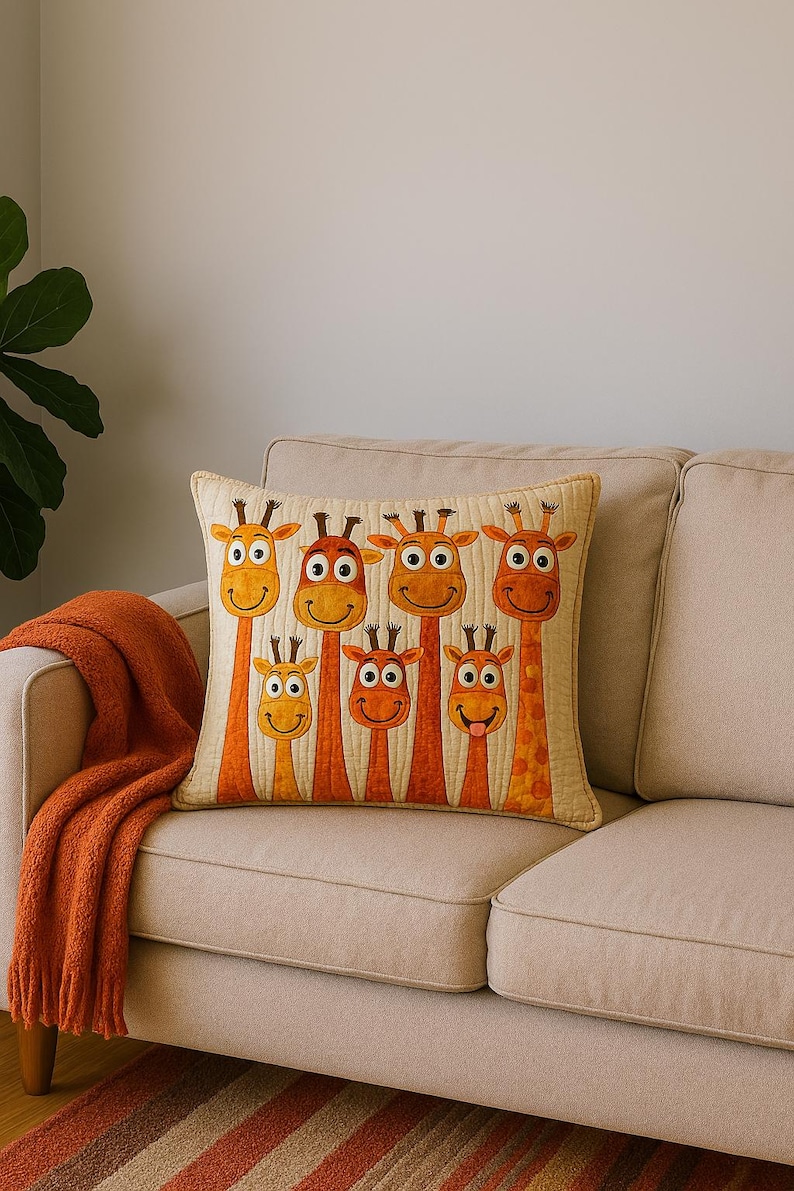 Pu&ograve; includere: Un cuscino quadrato trapuntato con un motivo ripetuto di sette teste di giraffa in stile cartoon con colli lunghi in tonalit&agrave; arancione e giallo. Le giraffe hanno occhi grandi, ossiconi marroni ed espressioni sorridenti su sfondo color crema.