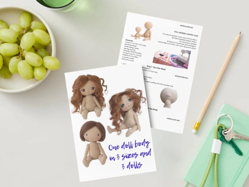 May include: A printed instruction sheet for assembling dolls, featuring illustrations of three dolls with different hairstyles and the text One doll body in 3 sizes and 3 dolls, alongside a detailed guide with assembly steps and material lists.