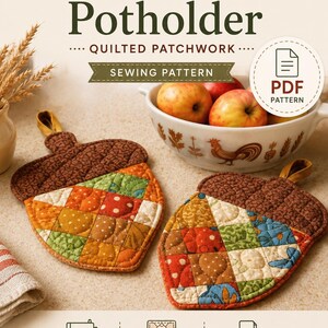 Acorn Potholder Quilted Patchwork – Handmade Hot Pad | Fall Kitchen Decor | Rustic Farmhouse Quilted Acorn Trivet