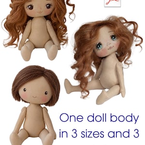 May include: Three fabric dolls with beige bodies and jointed limbs. Two dolls have long wavy auburn hair, and one has short straight brown hair. The text reads: One doll body in 3 sizes and 3 dolls. A PDF icon is visible in the upper right corner.