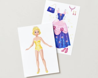 Set di bambole di carta principessa stampabili, 2 principesse e 14 abiti da ballo reali, gioco di vestire per ragazze, attività per bambini senza schermo, download PDF