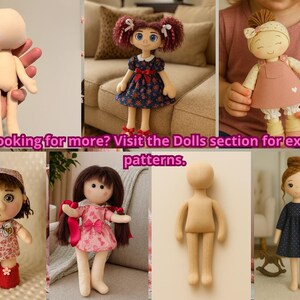 Op de afbeelding: Een collage van handgemaakte poppen in verschillende stijlen. Sommige poppen dragen kleding met bloemenpatronen en strikken. E&eacute;n pop is een blanco canvas. De tekst in de afbeelding luidt: "Looking for more? Visit the Dolls section for extra patterns."