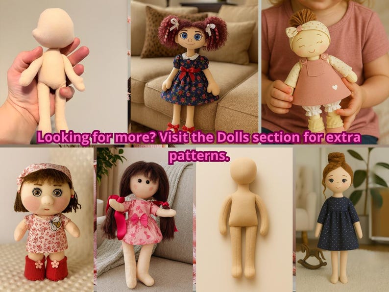 Op de afbeelding: Een collage van handgemaakte poppen in verschillende stijlen. Sommige poppen dragen kleding met bloemenpatronen en strikken. E&eacute;n pop is een blanco canvas. De tekst in de afbeelding luidt: "Looking for more? Visit the Dolls section for extra patterns."
