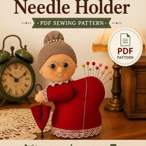 Puede incluir: Una muñeca de fieltro con forma de persona mayor con moño gris, gafas redondas y vestido rojo con encaje, que funciona como alfiletero con alfileres de colores. El texto dice Grandma's Needle Holder, PDF Sewing Pattern y A4/Letter Printable.