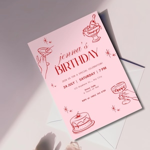 Plantilla de tarjeta de invitación - Plantilla de invitación de cumpleaños moderna y elegante en rosa para ella (P04BC)